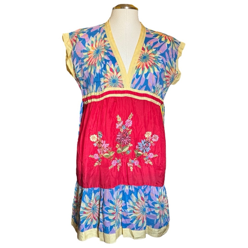 Johnny Was Silk Floral Embroidered Vintage Fall Dress